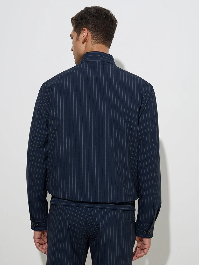 WES Formals Navy Pinstriped Slim-Fit Jacket