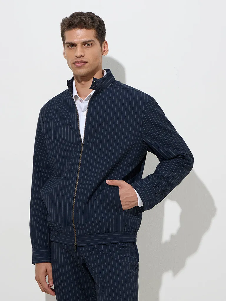 WES Formals Navy Pinstriped Slim-Fit Jacket