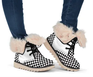 White Checkered Suede Snow Boots