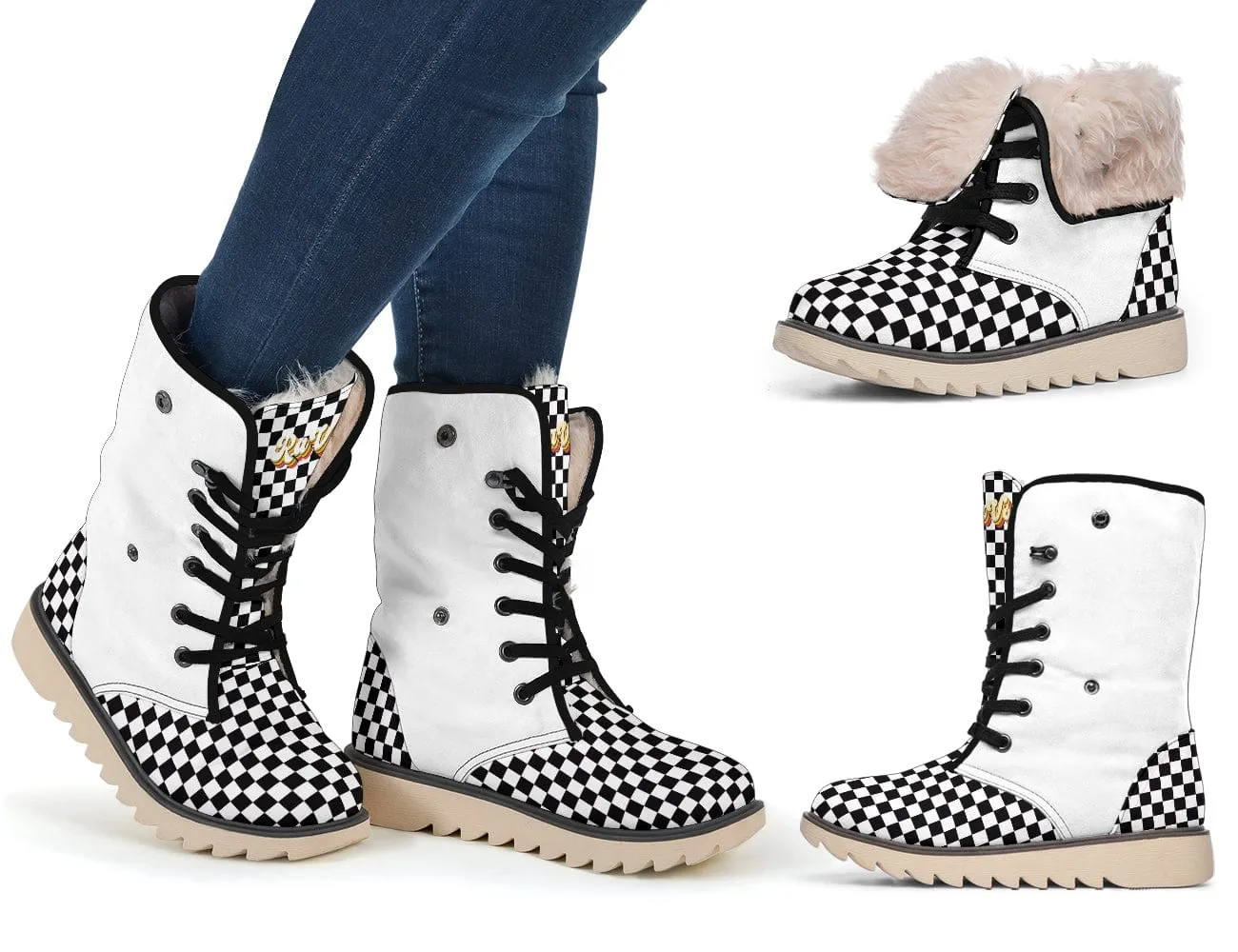White Checkered Suede Snow Boots