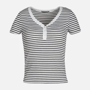 WOMEN RIB BUTTONED STRIPED TEE
