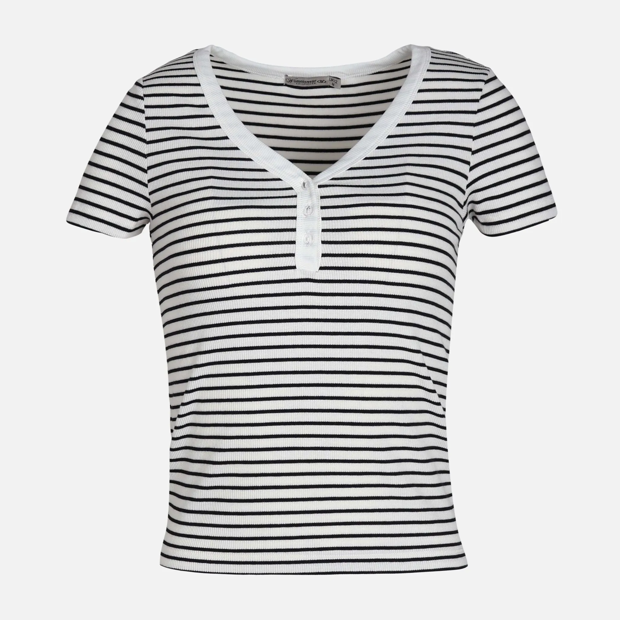 WOMEN RIB BUTTONED STRIPED TEE