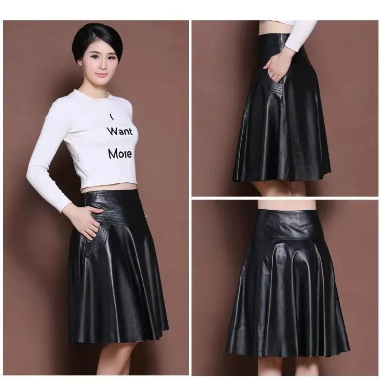 Women Spring Autumn PU Leather Skirts Lady High Waist A-line Skirt Midi Length Black Skirt Women
