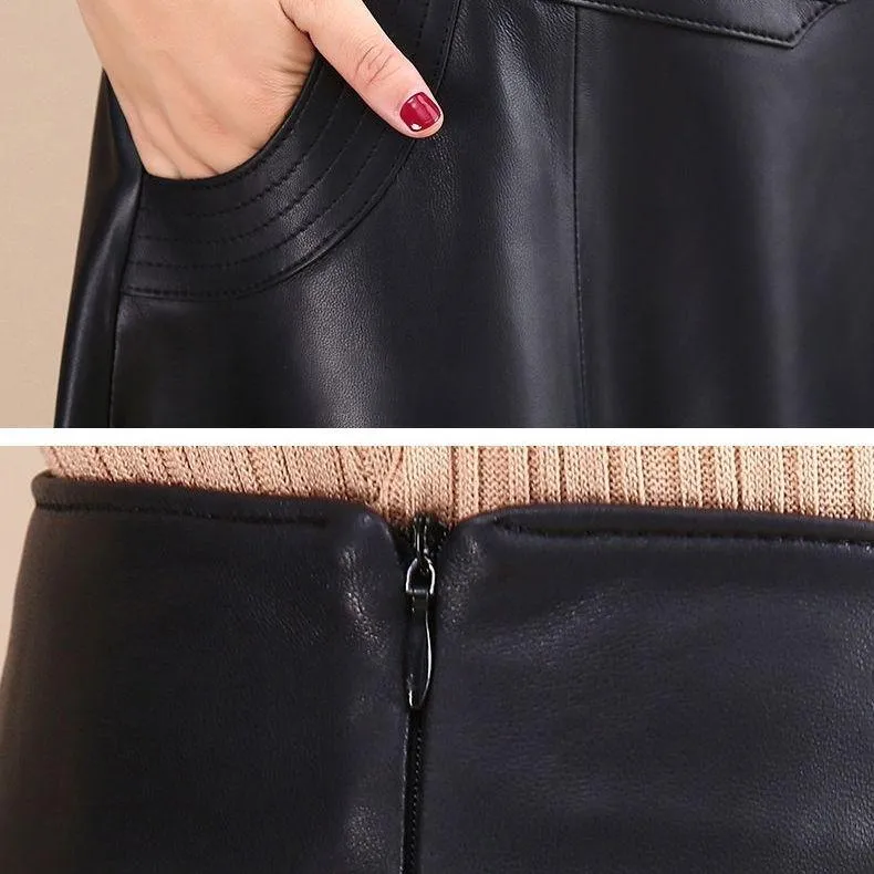 Women Spring Autumn PU Leather Skirts Lady High Waist A-line Skirt Midi Length Black Skirt Women