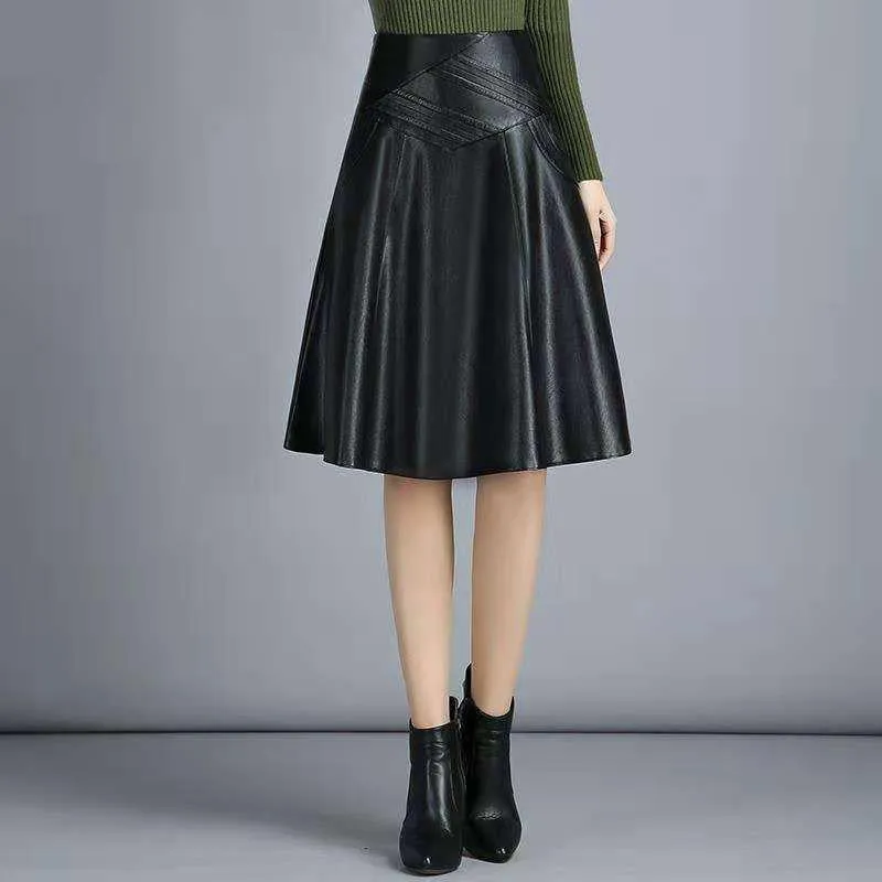 Women Spring Autumn PU Leather Skirts Lady High Waist A-line Skirt Midi Length Black Skirt Women