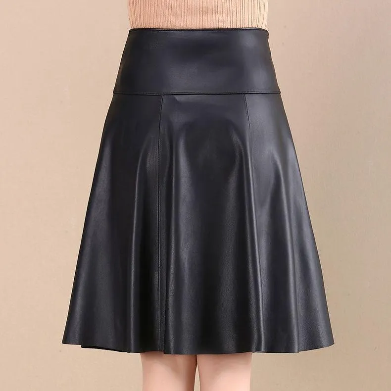 Women Spring Autumn PU Leather Skirts Lady High Waist A-line Skirt Midi Length Black Skirt Women