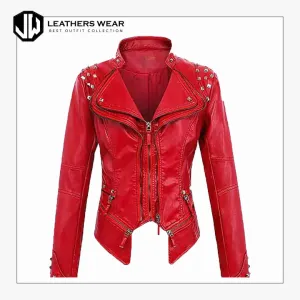 Womens Red Leather Studded Jacket