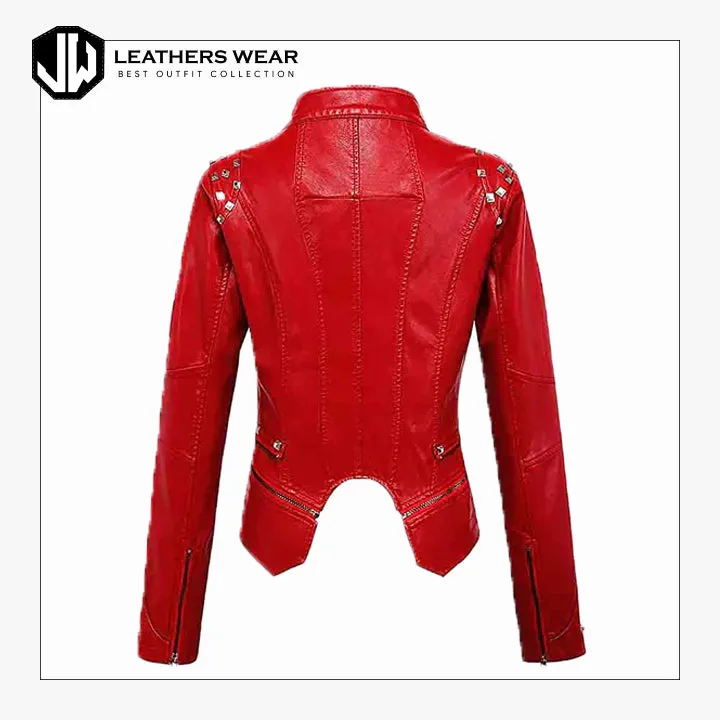 Womens Red Leather Studded Jacket