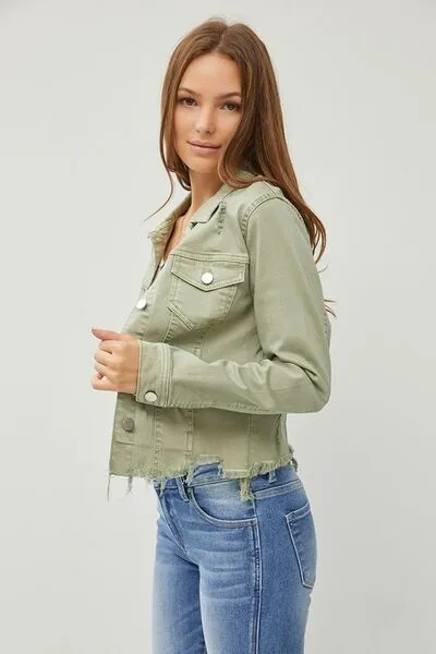 Women's RISEN Raw Hem Button Up Cropped Denim Jacket | Trendy Layering Piece | Plus Sizes Available