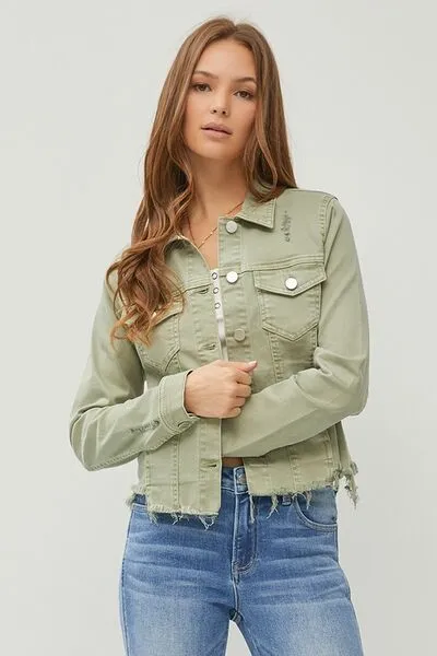 Women's RISEN Raw Hem Button Up Cropped Denim Jacket | Trendy Layering Piece | Plus Sizes Available