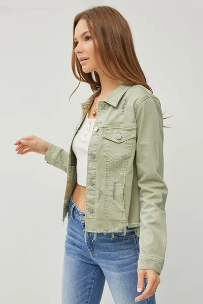 Women's RISEN Raw Hem Button Up Cropped Denim Jacket | Trendy Layering Piece | Plus Sizes Available