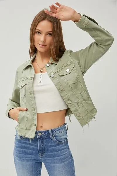 Women's RISEN Raw Hem Button Up Cropped Denim Jacket | Trendy Layering Piece | Plus Sizes Available