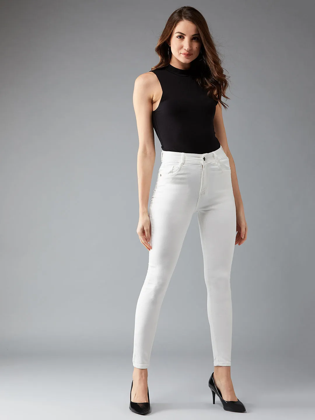 Women's White Skinny High-Rise Clean-Look Bleached Regular-Length Stretchable Denim Jeans