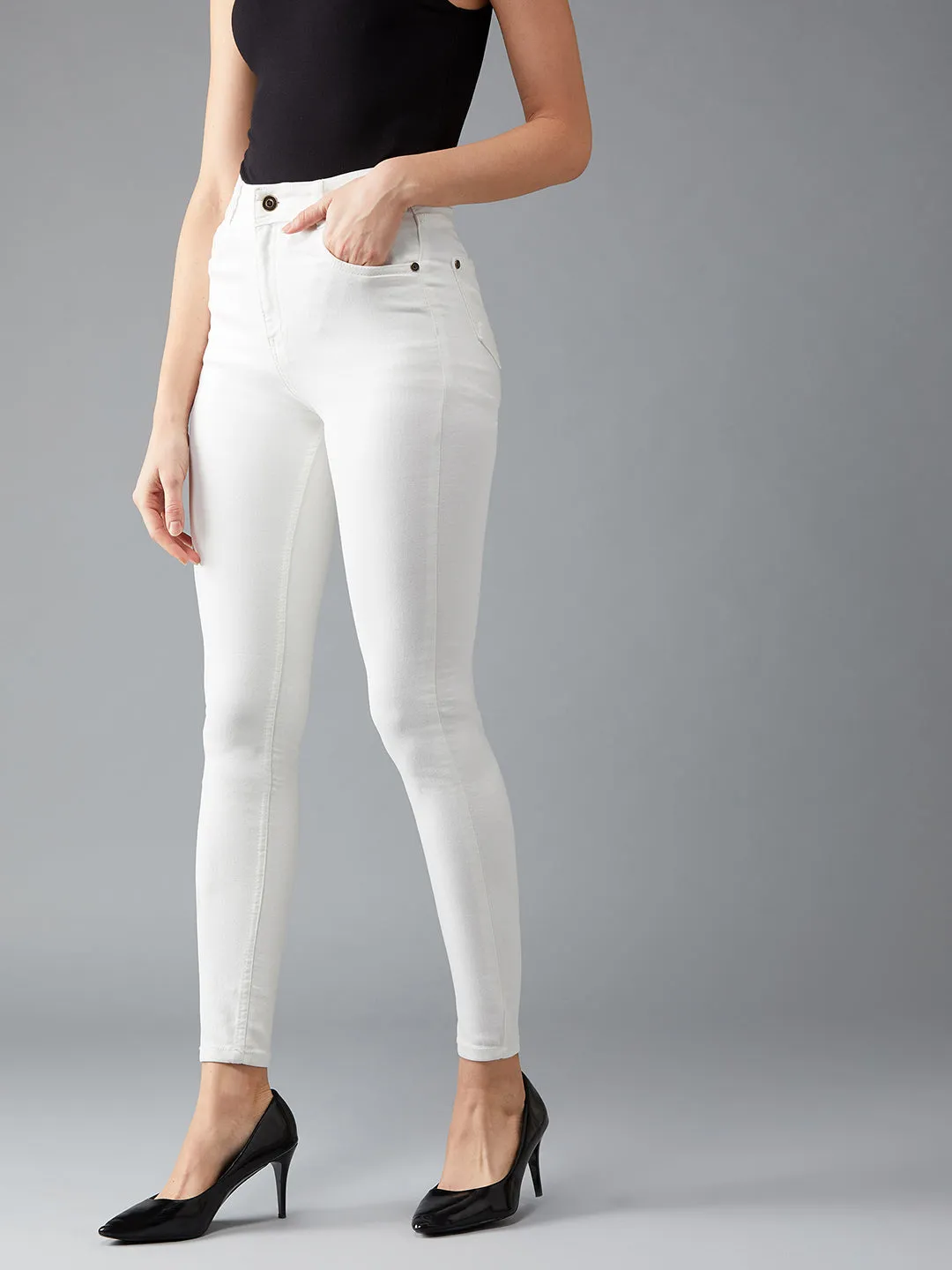 Women's White Skinny High-Rise Clean-Look Bleached Regular-Length Stretchable Denim Jeans