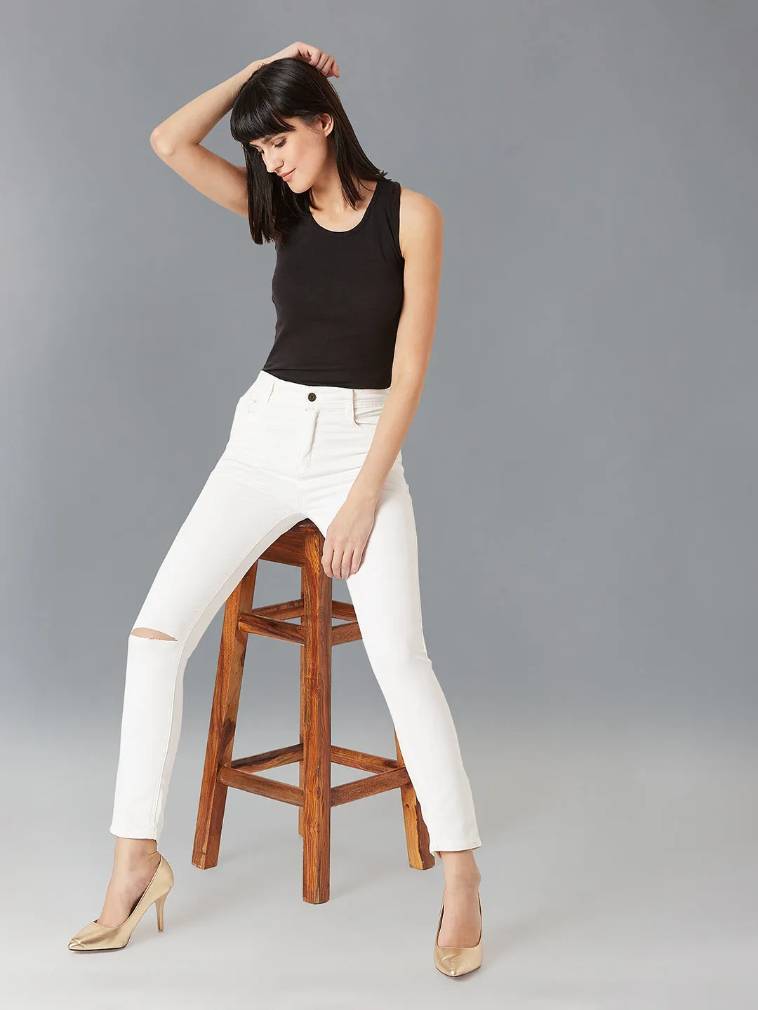 Women's White Skinny High-Rise Knee-Slit Bleached Stretchable Denim Jeans