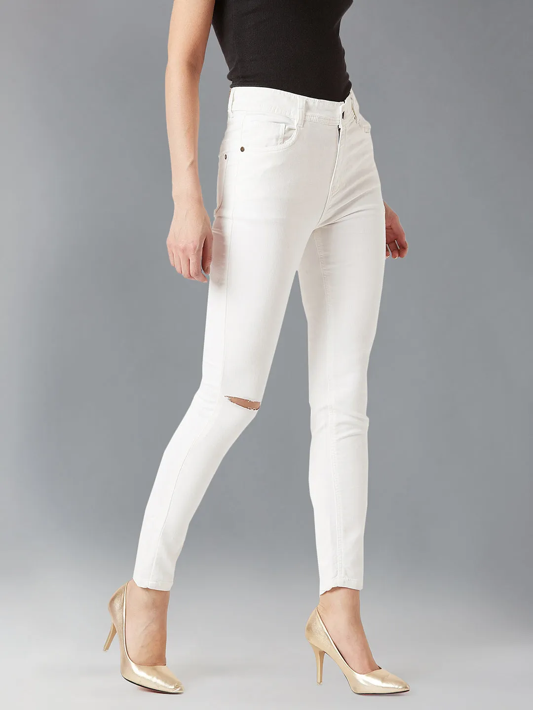 Women's White Skinny High-Rise Knee-Slit Bleached Stretchable Denim Jeans