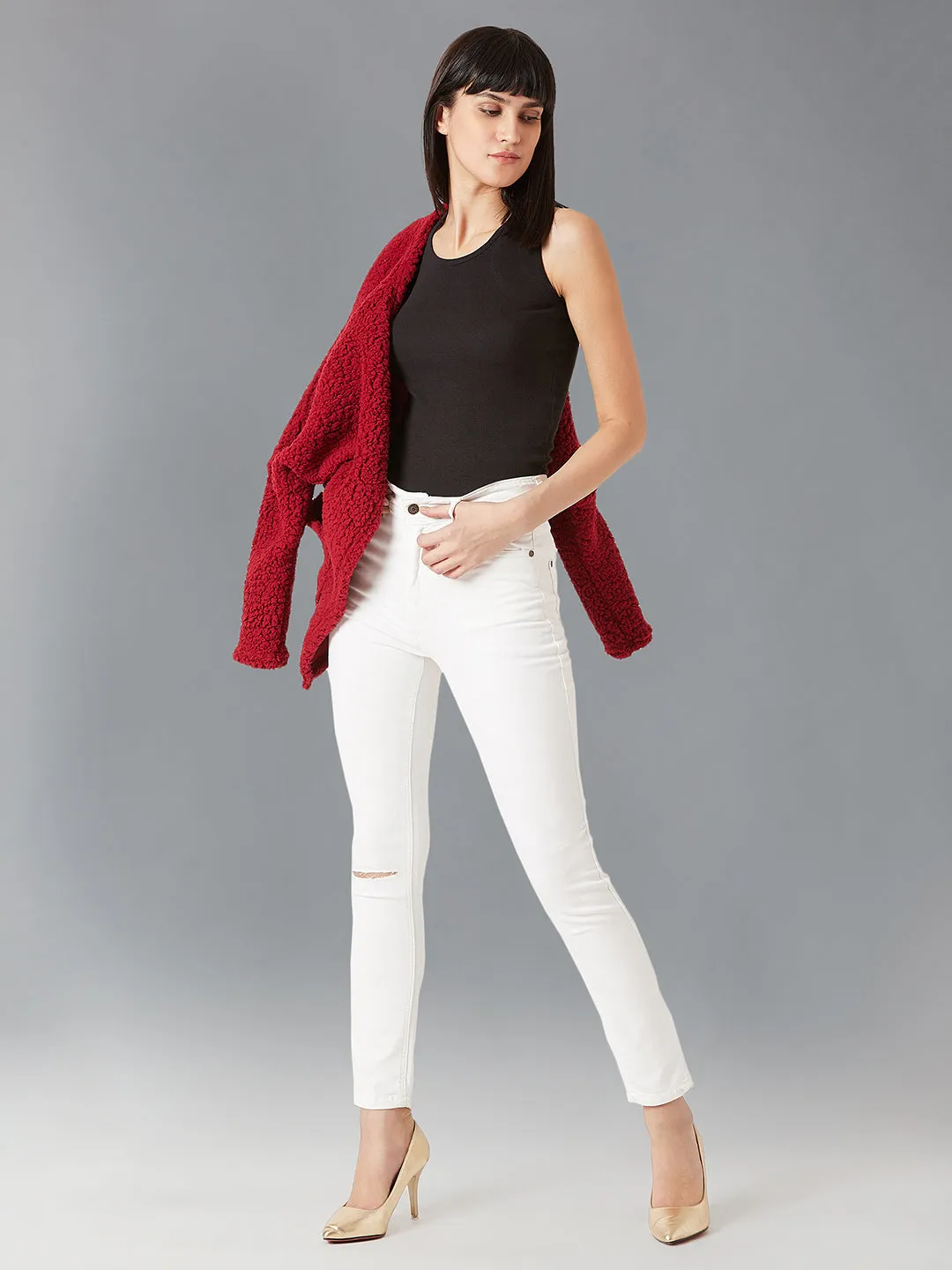 Women's White Skinny High-Rise Knee-Slit Bleached Stretchable Denim Jeans