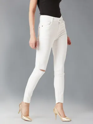 Women's White Skinny High-Rise Knee-Slit Bleached Stretchable Denim Jeans