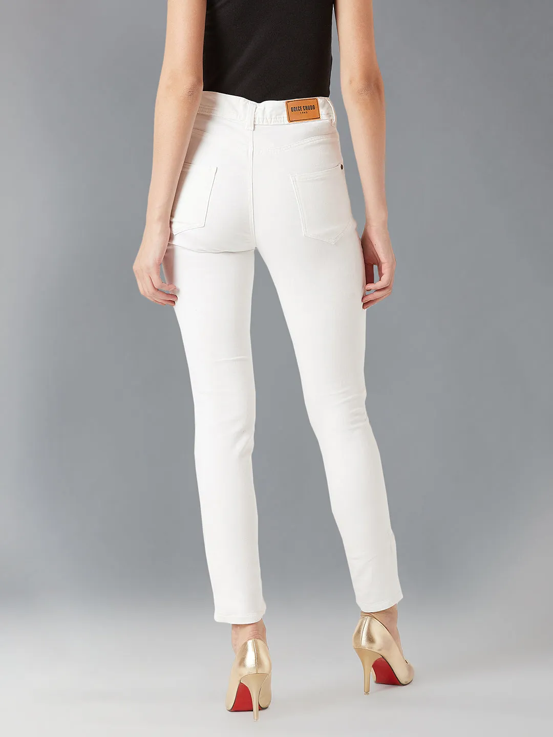 Women's White Skinny High-Rise Knee-Slit Bleached Stretchable Denim Jeans