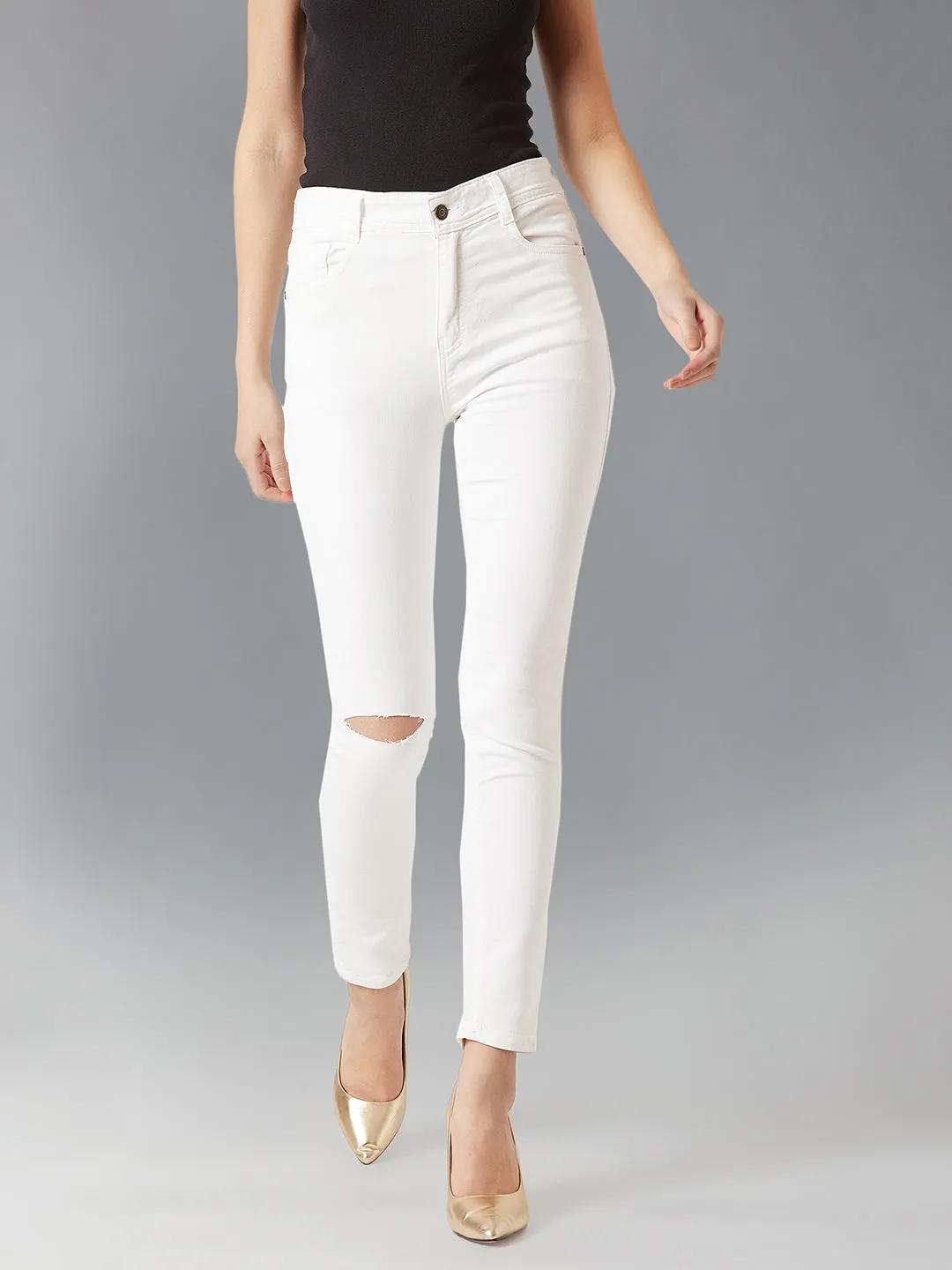 Women's White Skinny High-Rise Knee-Slit Bleached Stretchable Denim Jeans