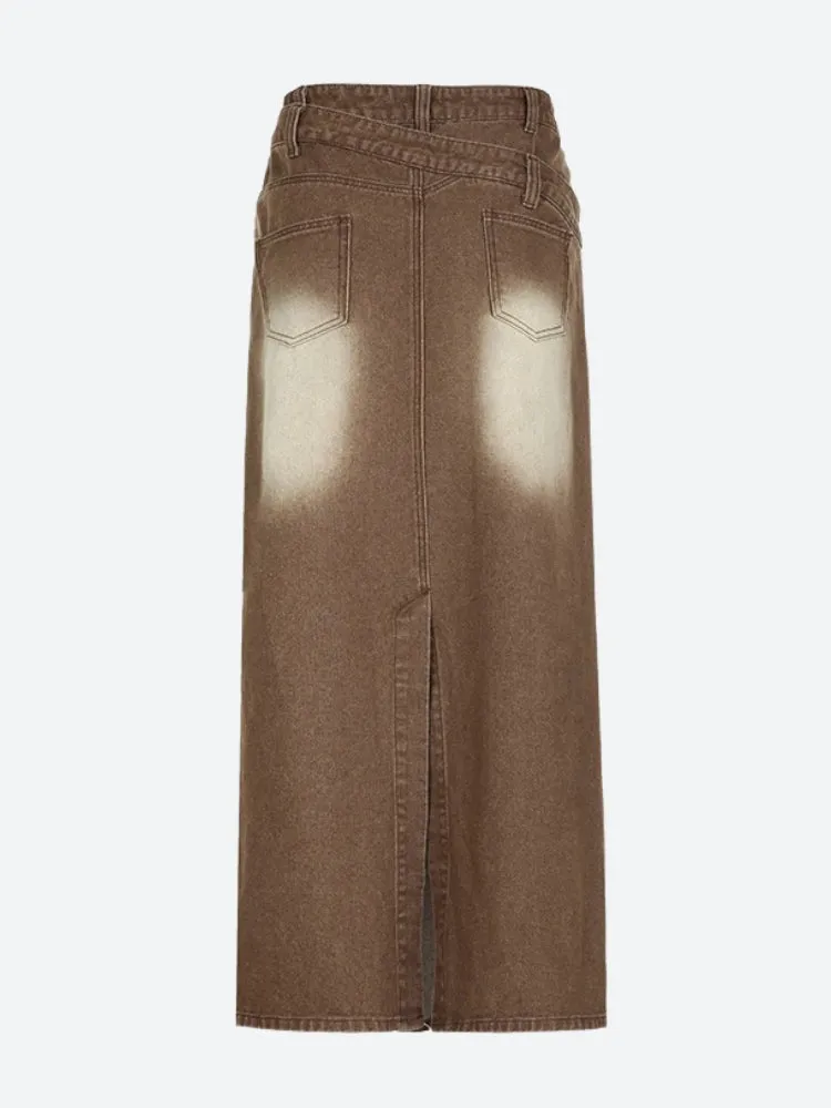 Y2K Asymmetric Button-Up Denim Maxi Skirt