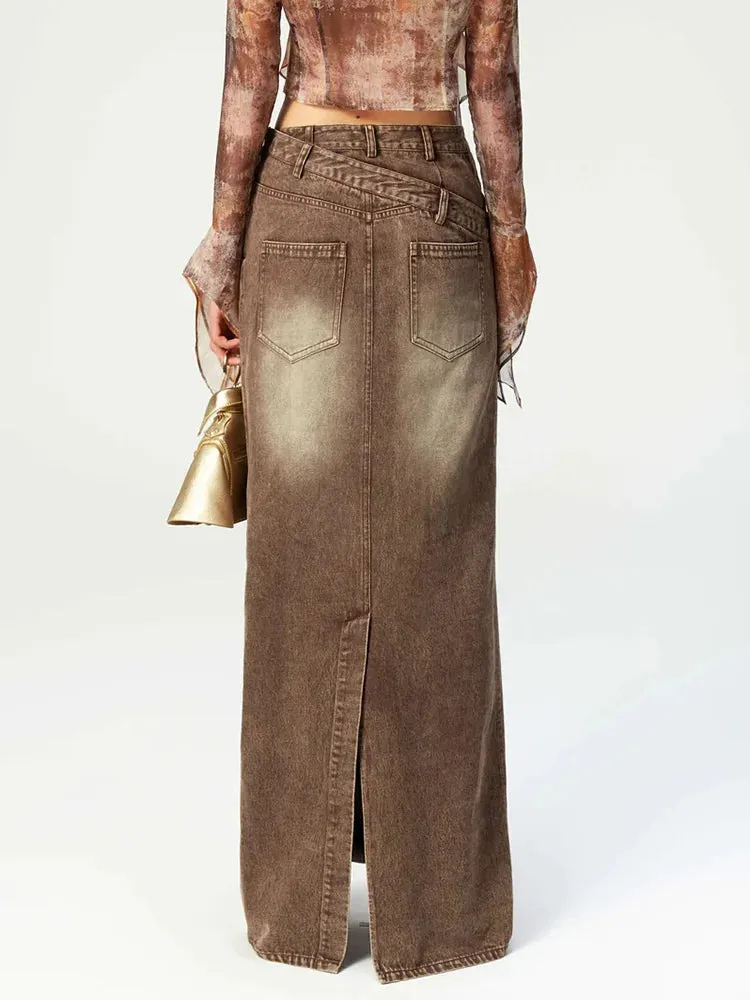 Y2K Asymmetric Button-Up Denim Maxi Skirt