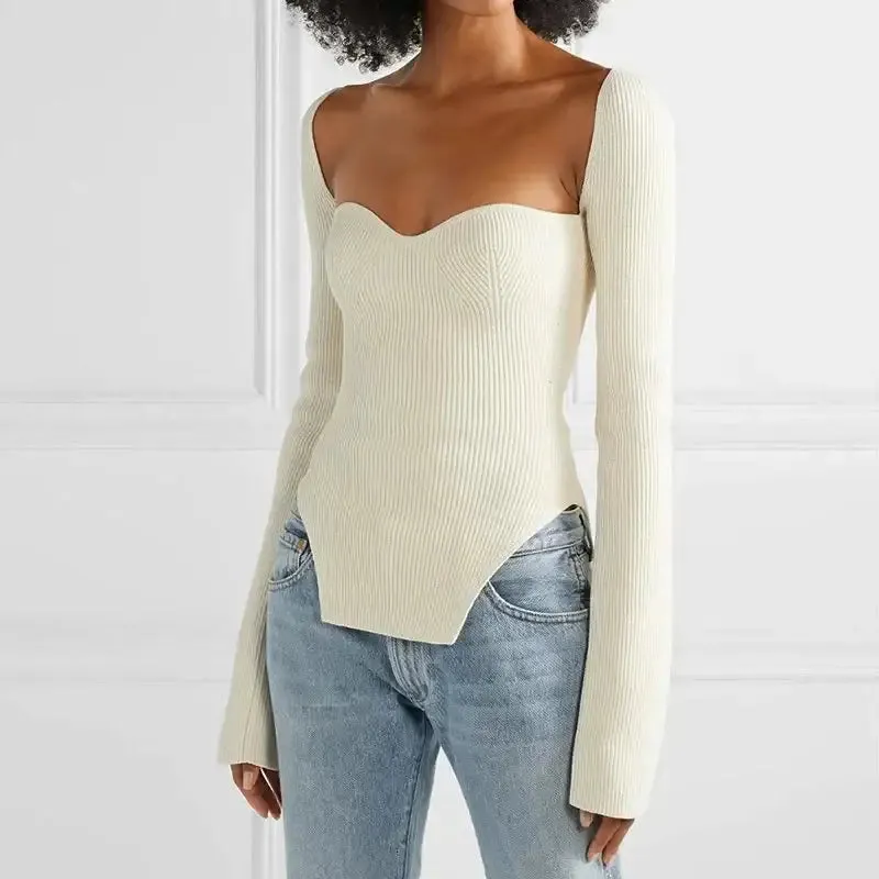 Y2K Knitted Top with Flattering Sweetheart Neckline and Long Sleeves