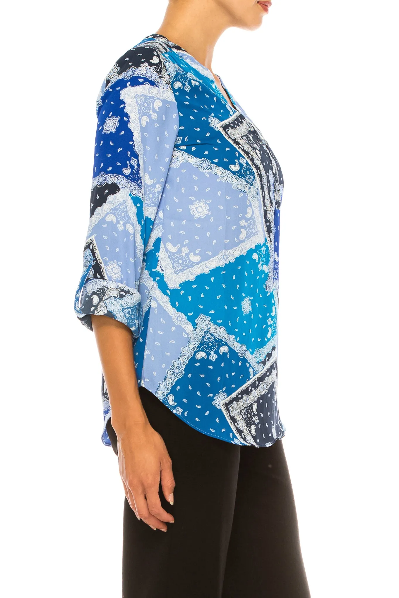 Zac & Rachel Printed Roll-Up Sleeve Split-Neck Top