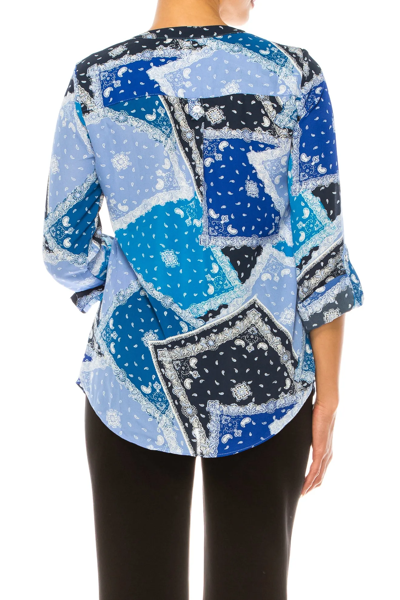 Zac & Rachel Printed Roll-Up Sleeve Split-Neck Top