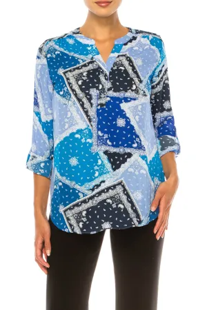 Zac & Rachel Printed Roll-Up Sleeve Split-Neck Top