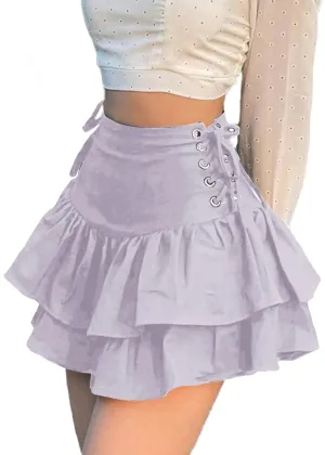ZUNQKG Womens Purple Skirts Goth Clothes Lace Up High Waisted Y2k Double Layered Ruffles Mini Emo Skirts XXL